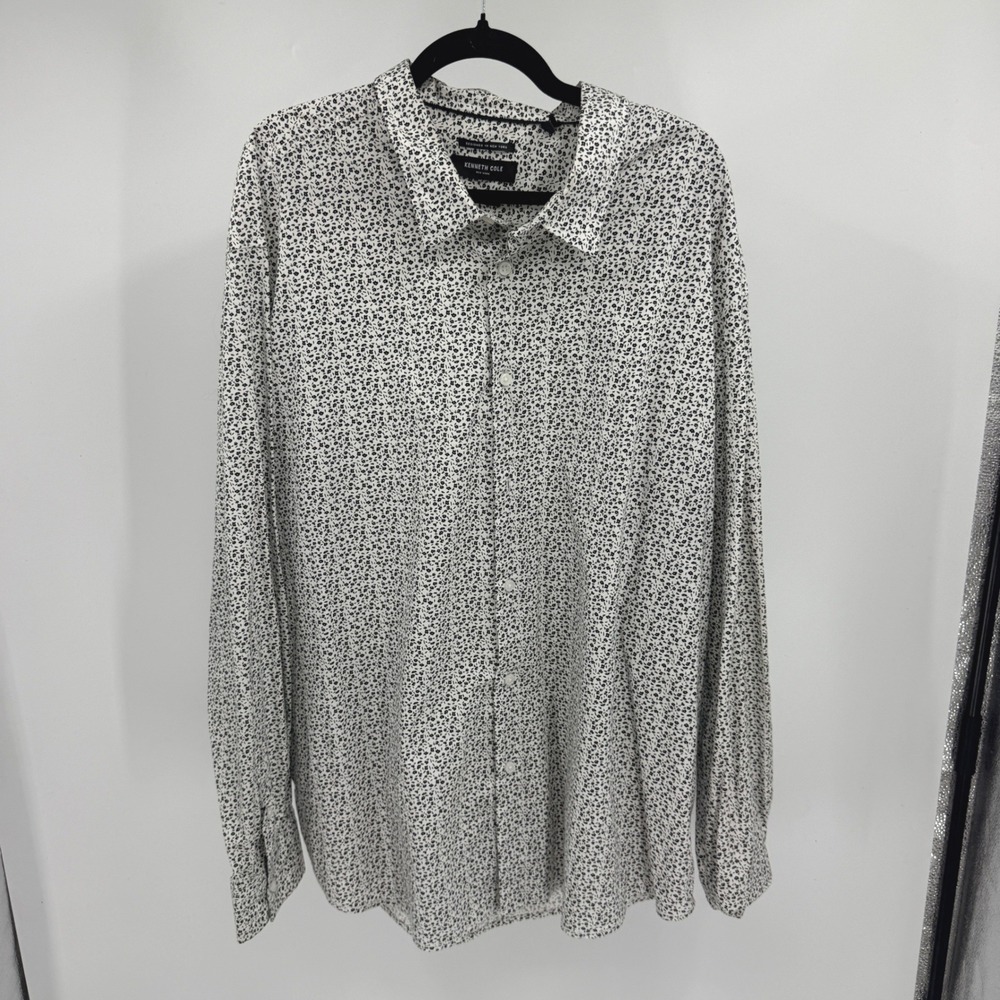 Kenneth Cole New York Mens 4X White Black Micro Floral Long Sleeve Button Shirt